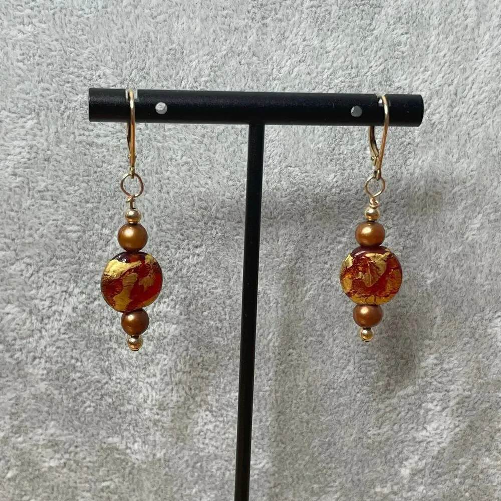 Handmade glass bead freshwater pearl orange gold earrings - Picture 2 of 5